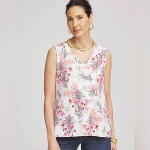 Chico's White Alabaster Floral V-Neck Tank with Pink & Gray Accents
